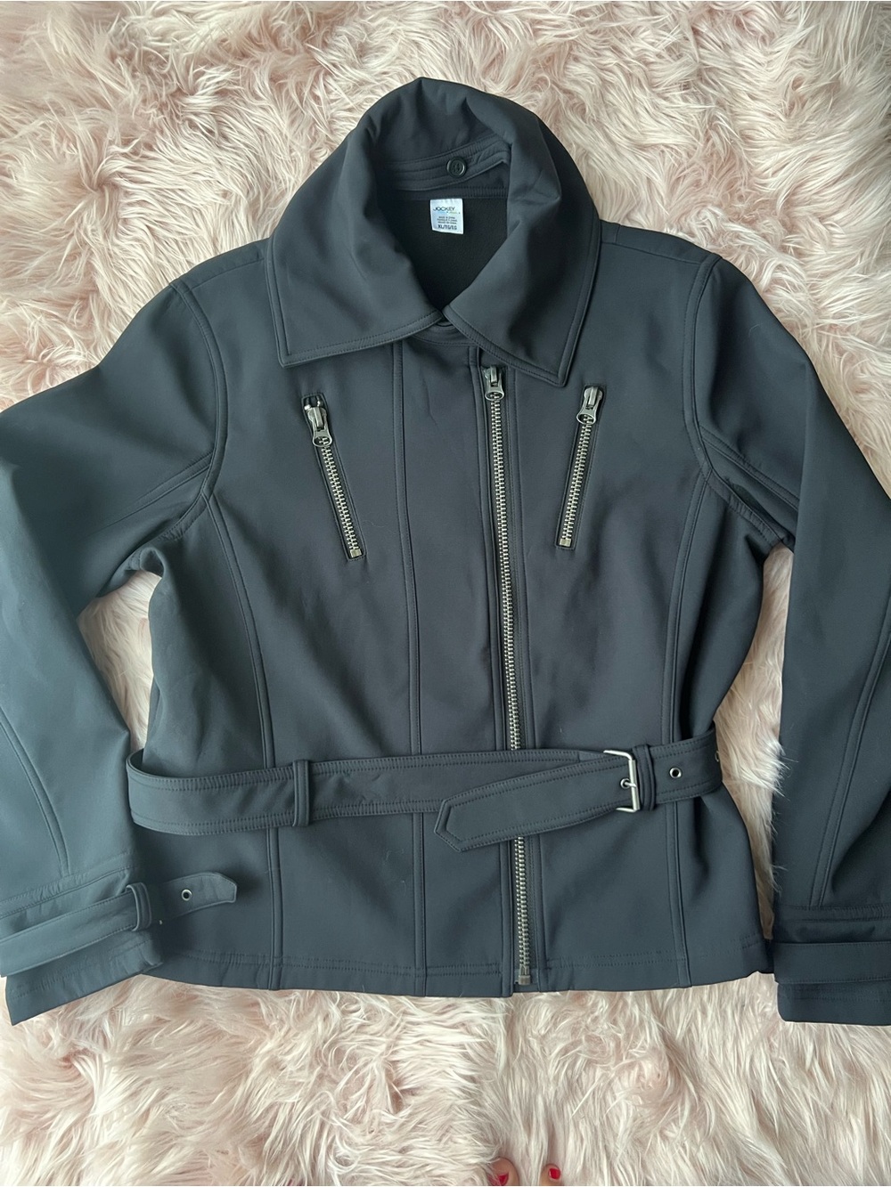 Jockey Black Belted Zip-Front Moto Style Jacket XL